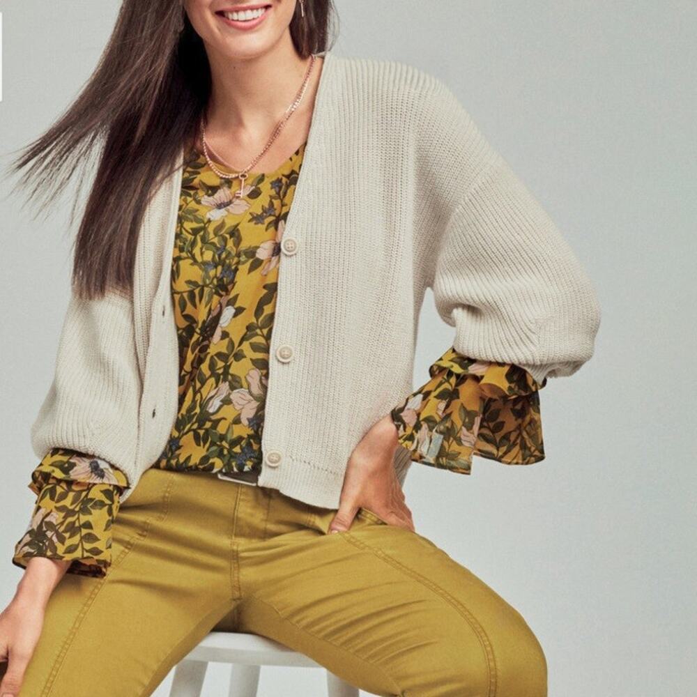 CABI "Scene" Sheer Chiffon Ruffle Bell Sleeve Floral Blouse (Yellow | Size S) - Picture 3 of 10